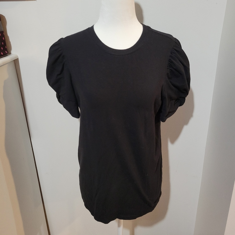 Ann Klein Solid Black Balloon Sleeve Crew Neck Workwear Goth Blouse | Med
